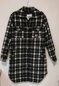 Tommy Hilfiger Wool Blend Black Plaid, Long Jacket Womens Medium  - Picture 1 of 11