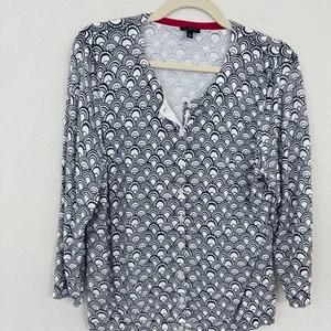 Talbots Women Button Front Knit Cardigan Sz L Cotton Blend Geo Print Blue White - Picture 1 of 6