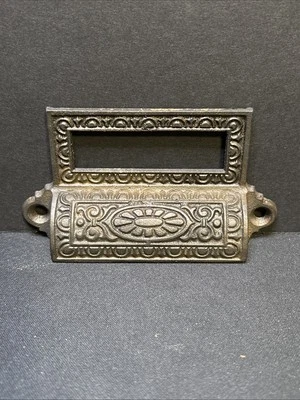 Antique Cast Iron With Label Holder Bin Drawer Cabinet Door Pulls Old Vtg - Image 1 of 4