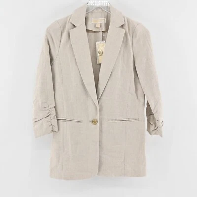 MICHAEL KORS Womens Ruched Linen Blazer Sz 0 Beige 3/4 Sleeve Office Career NEW - Image 1 of 4