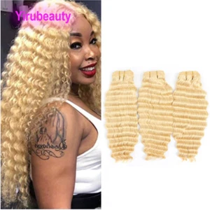 613# Blonde Color Deep Wave Curly Brazilian Human Hair 3 Bundles 10-32inch - Picture 1 of 6