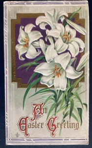 Postcard LEFT BORDER CUT Easter LSC Embossed Flowers C111 - Picture 1 of 2