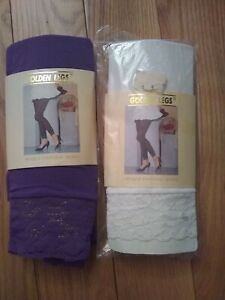 GOLDEN LEGS WHITE and PURPLE OPAQUE LACE TRIM FOOTLESS TIGHTS 100% NYLON 