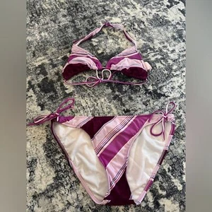 Pre-Owned XL Bottom/MD Top Xhilaration Purple Striped Bikini Top and Bottom Set - Picture 1 of 8