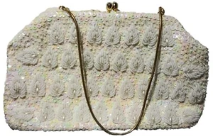 Bolso de noche/bolso de mano vintage hecho a mano en Hong Kong británico con cuentas y lentejuelas hojas - Imagen 1 de 12