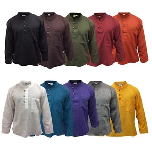 Men Lightweight Collarless Plain Festival Full Sleeved Hippy Grandad Shirt - Picture 1 of 41