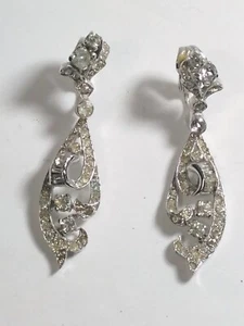 Panetta Rhinestone Silver Tone Vintage Clip Dangle Earrings - Picture 1 of 7