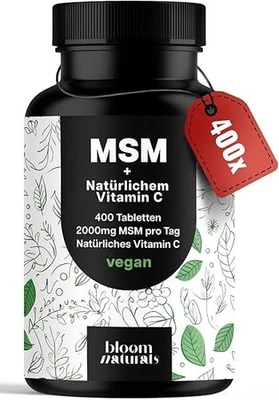 BLOOM MSM Hochdosiert, 400 Tabletten, 2000 mg MSM + Natürliches Vitamin C, Vegan