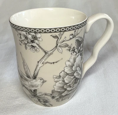 222 FIFTH COFFEE TEA MUG CREAM BLACK FLORAL BIRDS SCROLL NWT - Image 1 of 3