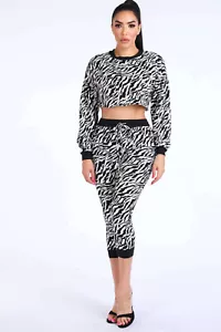 Juego de pantalones para correr informales de manga larga con estampado de cebra y pantalones para correr a juego para mujer - Imagen 1 de 5