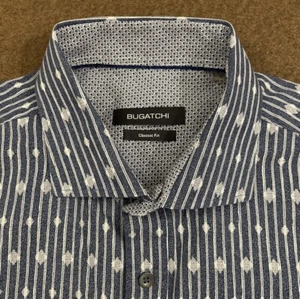 BUGATCHI Mens Blue Geometric Spread Collar Classic Fit Button Down Shirt Large - Picture 1 of 6