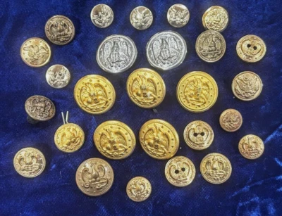 27 Eagle Buttons - Military & Jacket. Brass & Silver-toned. Backmarked. 1/2"- 1" - Image 1 of 4