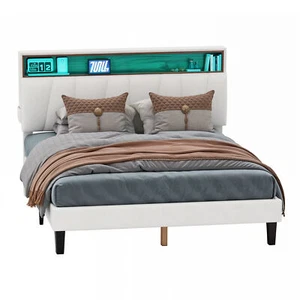 King / Queen Size Bed Frame Black / White Upholstered Headboard & Charging Ports - Picture 1 of 43