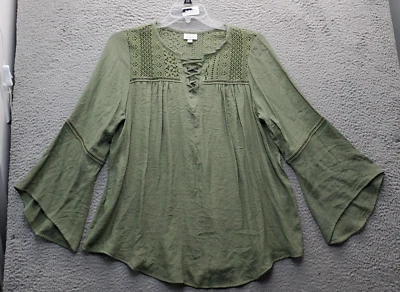 Avenue Blouse Top Womens Green Size 14/16 Pleated Lace Up V Neck Casual Pullover - Image 1 of 4