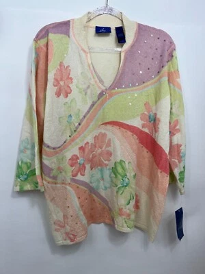 J.H. Suéter de lentejuelas amarillo pastel de colección flor para mujer talla 2 (grande) nuevo con etiquetas Foto 1 de 4