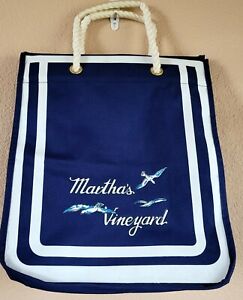 Martha's Vineyard Canvas Bech Bag Tote w/ Rope Handles Seagulls Blue & White