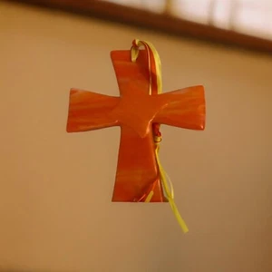 Handmade Orange Fused Glass Cross - Picture 1 of 3