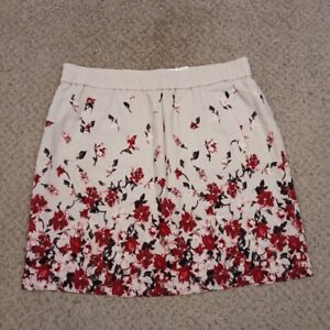 Loft Skirt Large Short Beige Red Floral Pull On Pockets Lined Linen Blend