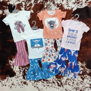 Kids Girls Sibling Western Short Sleeve Top Bell Bottom Pants Outfit - Picture 1 of 9
