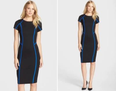FELICITY & COCO Black Blue Colorblock Seamed Stretch Knit Pencil Dress LARGE 10 - Image 1 of 4
