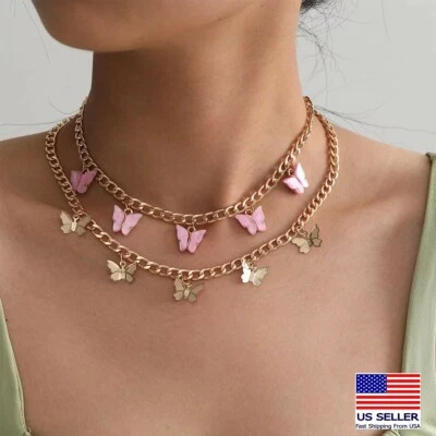 Moda Mujeres Joyería Collar Doble Capa Rosa Mármol Mariposa Colgante 0859 Foto 1 de 4