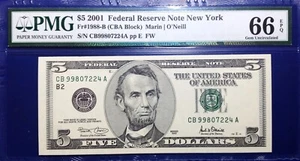 2001 $5 Federal Reserve Note Fr-1988-B New York PMG66 Gem EPQ - Picture 1 of 2