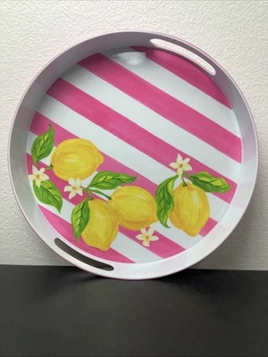 🍋15” Round Melamine Platter–Lemon Print w/ Pink & White Stripes NEW - Image 1 of 4