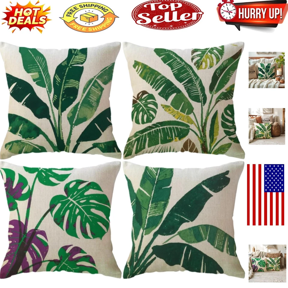 Fundas de almohada de tela de hojas tropicales - Paquete de 4, 18x18 pulgadas, hoja verde... Foto 1 de 4