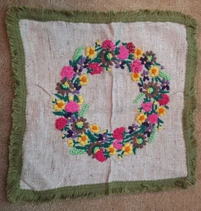 Vintage Embroidered Throw Pillow Cover Vibrant Floral Wreath Design Fringed... - Picture 1 of 9