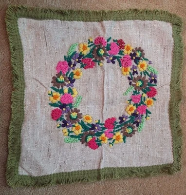 Vintage Embroidered Throw Pillow Cover Vibrant Floral Wreath Design Fringed... - Image 1 of 4