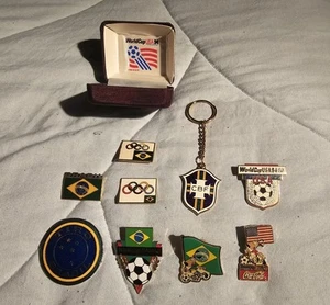 (9) 1994 World Cup Soccer Pin + Keychain Lot W/Box Brazil - Picture 1 of 7