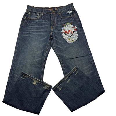 Ed Hardy Jeans Mens 36x34 Blue Love Kills Slowly Rhinestone Skull Graphic Denim - Image 1 of 4