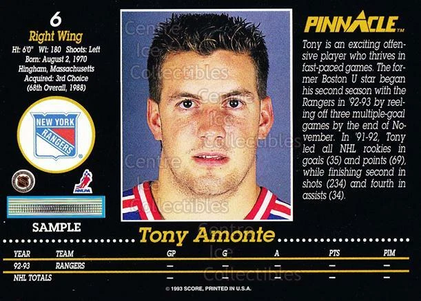 1993-94 Pinnacle Promos Samples #6 Tony Amonte - Image 1 of 1