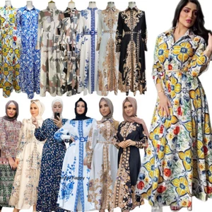 Ramadan Women Muslim Print Abaya Dubai Shirt Maxi Dress Kaftan Party Gowns Gown - Picture 1 of 13