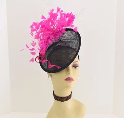 Kentucky Derby Boda Sinamay Plumas Fascinator Cóctel 617 (Negro/Fuscsia) Foto 1 de 4