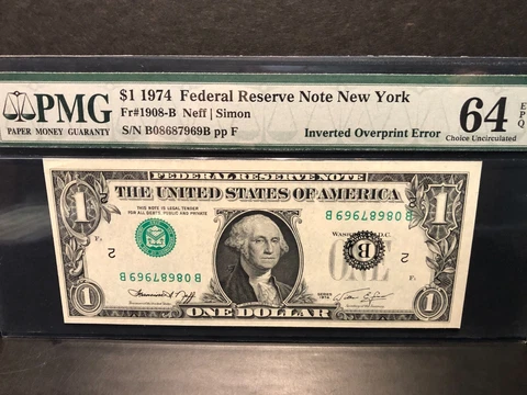 1974 $1 FEDERAL RESERVE NOTE "INVERTED" OVERPRINT ERROR PMG 64 Cover