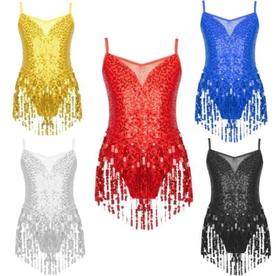 Kids Girls Camisole Sequins Tassel Leotard Dress Rumba Tango Latin Dancewear - Image 1 of 4