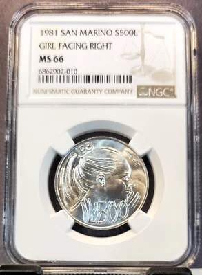 1981 SAN MARINO SILVER 500 LIRE GIRL FACING RIGHT NGC MS 66 BRIGHT GEM LUSTER - Image 1 of 3