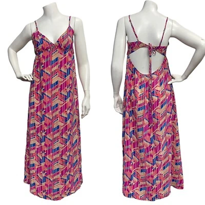 Champagne & Strawberry 100% Silk Pink Medium Geometric Print Flowy Maxi Dress - Image 1 of 4
