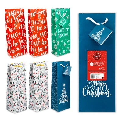 CHISTMAS JINGLE Christmas 6 Wine Gift Bags - Gift Bags Multipack - Christmas Bottle Bags x 6