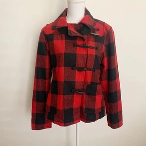 Garnet Hill Red Buffalo Check Wool Blend Toggle Close Pea Coat Size 10 EUC - Picture 1 of 16