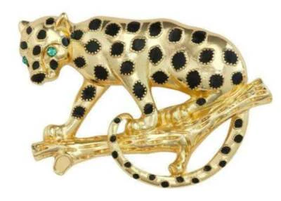 Napier Cheetah Brooch Pin w Gift Box NEW Gold Tone Green Eyes Jungle Spotted  - Image 1 of 4
