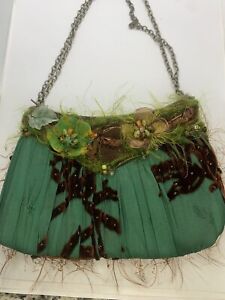Mary Frances Green & Brown Beaded Ornate Purse Handbag Flowers Woodland READ