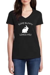 Women's V-neck Some Bunny Loves You Shirt Easter Rabbit Tee Spring T-Shirt - Picture 1 of 3