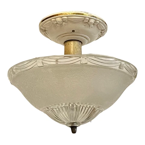 Antique Art Deco Porcelain Ceiling Flush light Fixture Glass Embossed Shade 11” Cover
