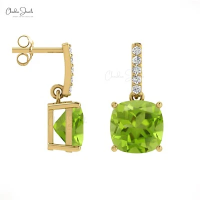 Dangling Earrings 1.5CT Natural Peridot Earring 14k Gold Diamond Wedding Jewelry - Image 1 of 4