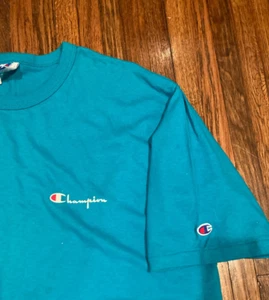 NWT Vintage Champion Script Logo Chest T-Shirt. Made in USA Turquoise 90's - Picture 1 of 8