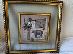 Framed Wall Art Elephant Against Abstract Glass Gold Frame 11.5” X11.5” - Picture 1 of 14