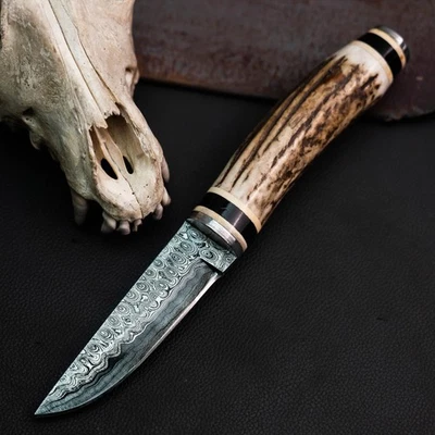 Cuchillo Damasco/Acero 8.1" Listo para Regalo Full Tang Hunt it Hunt + Funda de Cuero Foto 1 de 4