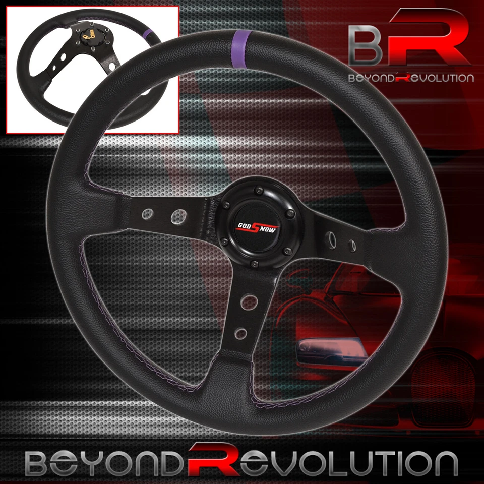 Universal 350mm Heavy Duty Black Purple Stitches Sew Steering Wheel Godsnow - Image 1 of 1